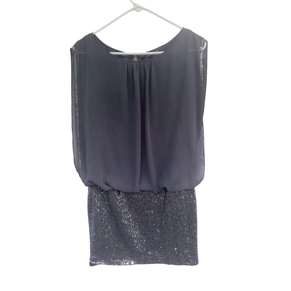 Aidan by Aidan Mattox Sequin Skirt Cocktail Dress Grey Size 8 Blouson Overlay Mi